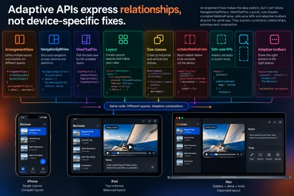 Adaptive APIs are not a collection of device-specific escape hatches. They give SwiftUI a vocabulary for expressing constraints, priorities, and relationships—allowing the same product semantics to compose differently as the available space changes.