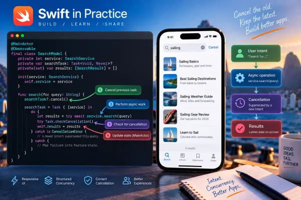 Cancellation can represent superseded intent, not failure. Each new search owns the latest request, cancels obsolete work, and prevents stale results from reaching UI state—keeping concurrency aligned with what the user currently wants.